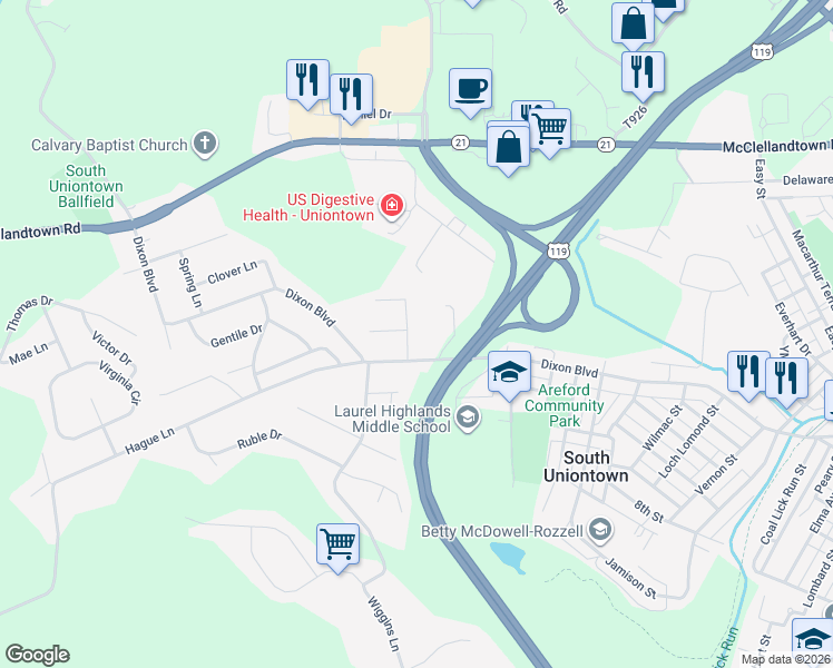 map of restaurants, bars, coffee shops, grocery stores, and more near 28 Jefferis Street in Uniontown