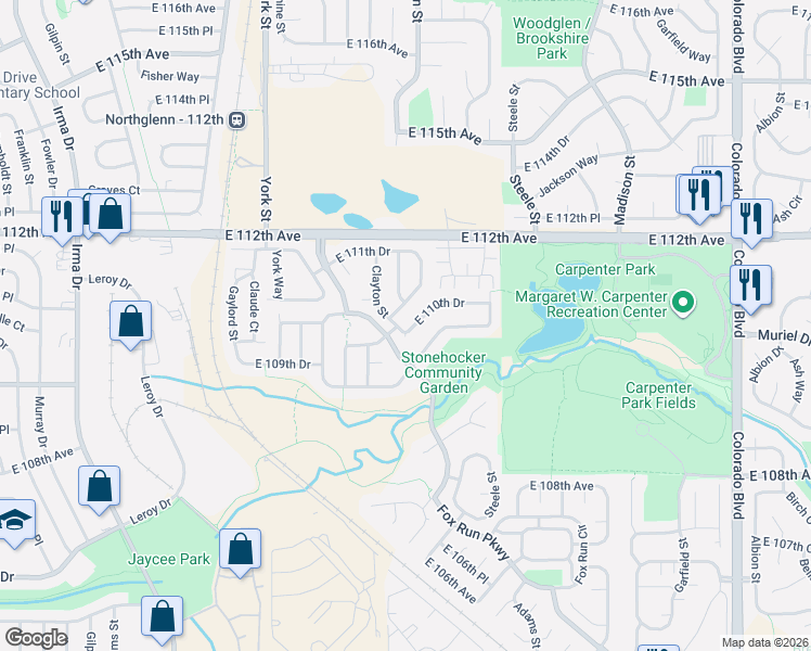 map of restaurants, bars, coffee shops, grocery stores, and more near 11050 Fillmore Way in Northglenn