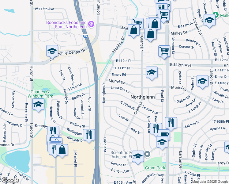 map of restaurants, bars, coffee shops, grocery stores, and more near 182 Linda Sue Lane in Northglenn