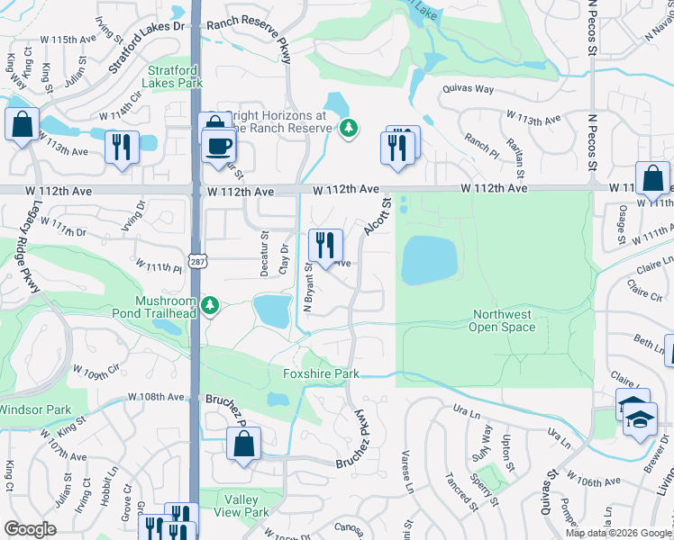 map of restaurants, bars, coffee shops, grocery stores, and more near 2533 West 110th Avenue in Westminster