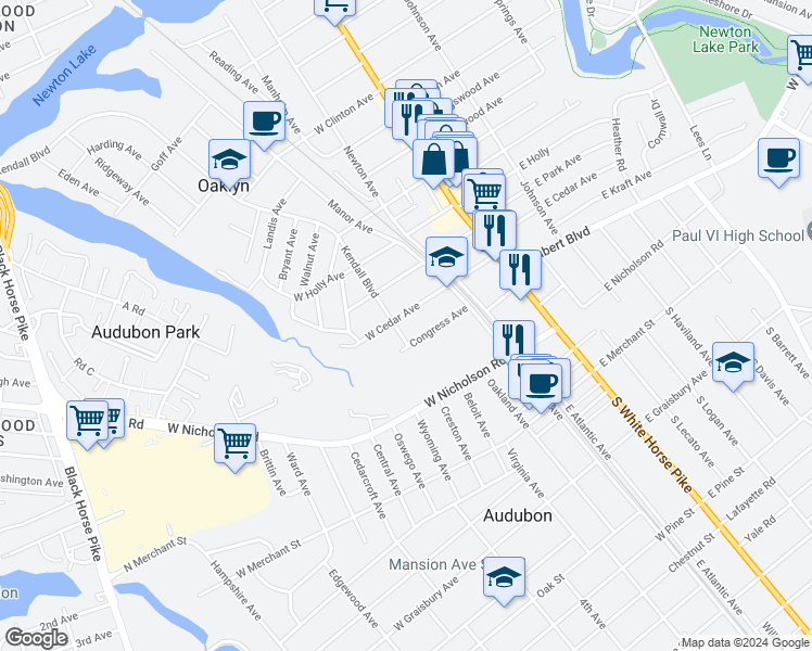 map of restaurants, bars, coffee shops, grocery stores, and more near 417 Kendall Boulevard in Oaklyn