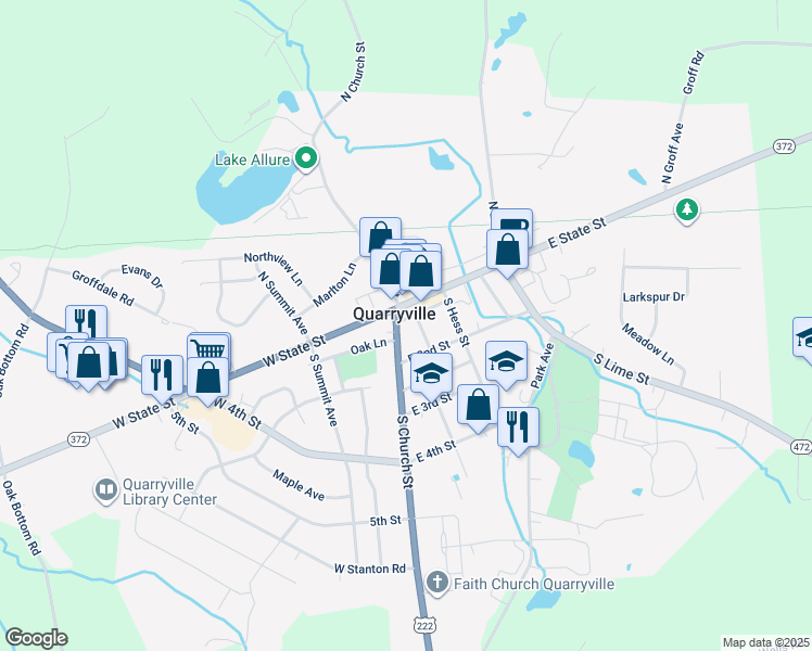 map of restaurants, bars, coffee shops, grocery stores, and more near 17 East State Street in Quarryville