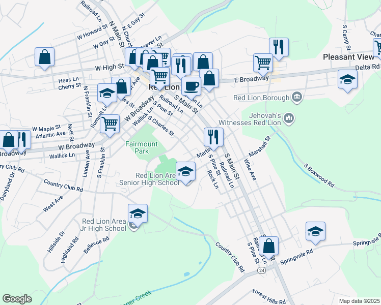 map of restaurants, bars, coffee shops, grocery stores, and more near 423 South Charles Street in Red Lion
