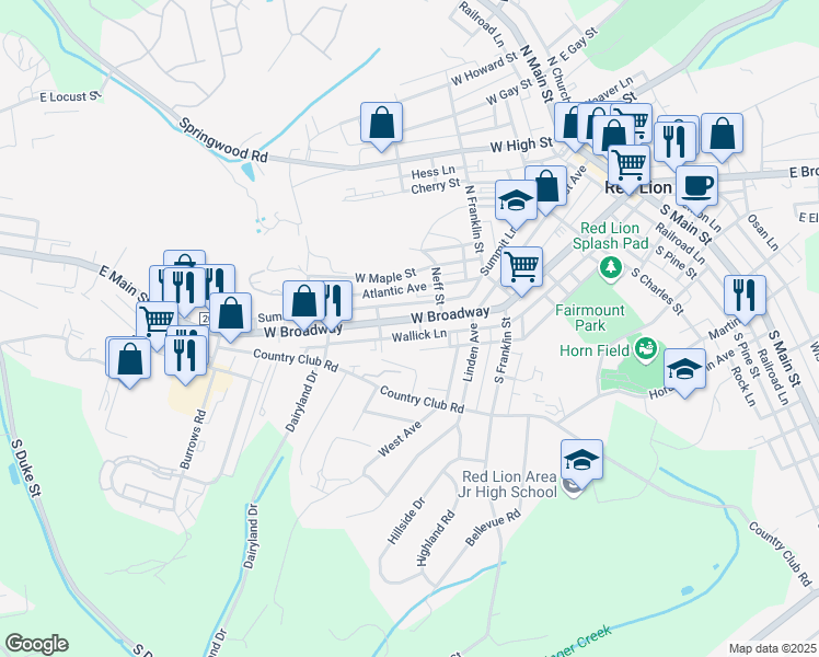 map of restaurants, bars, coffee shops, grocery stores, and more near 659 West Broadway in Red Lion