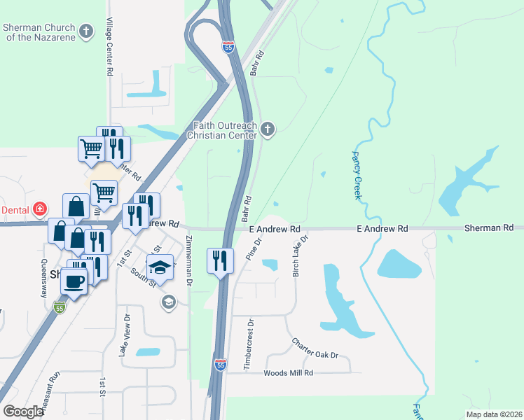 map of restaurants, bars, coffee shops, grocery stores, and more near 6500-7112 County Road 3 1/4 East in Sherman