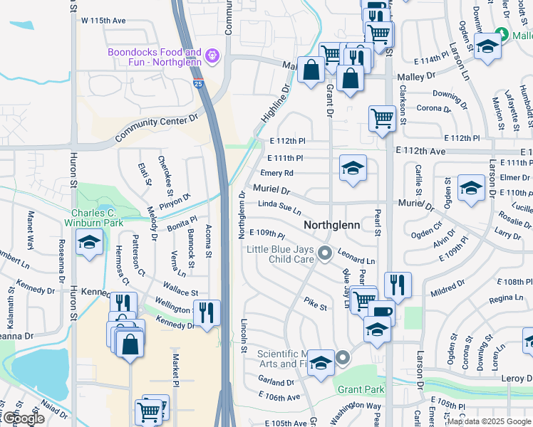 map of restaurants, bars, coffee shops, grocery stores, and more near 182 Linda Sue Lane in Northglenn