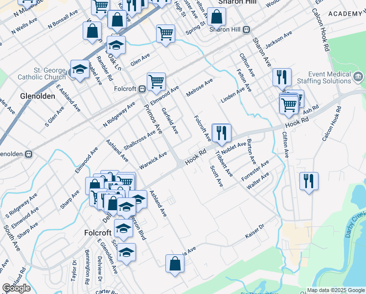 map of restaurants, bars, coffee shops, grocery stores, and more near 1555 Warwick Avenue in Folcroft