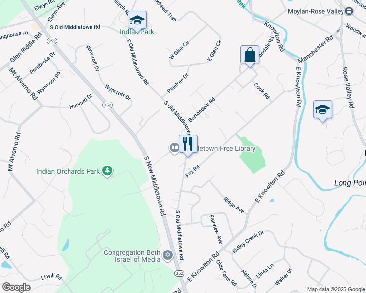 map of restaurants, bars, coffee shops, grocery stores, and more near 454 South Old Middletown Road in Media