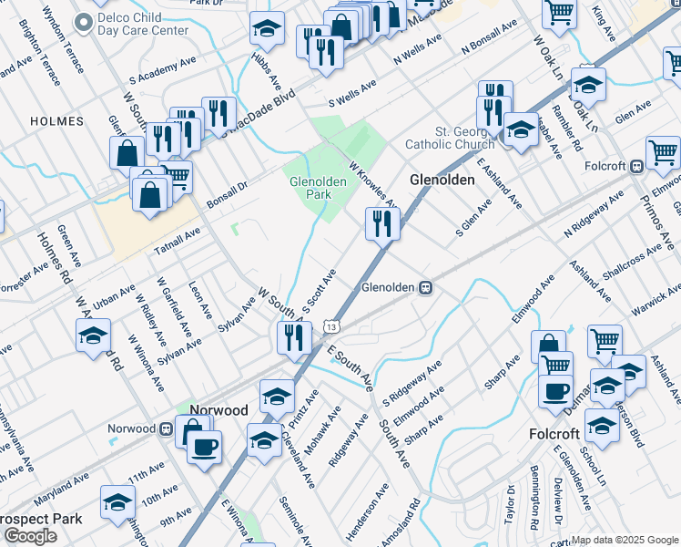 map of restaurants, bars, coffee shops, grocery stores, and more near 351 South Scott Avenue in Glenolden