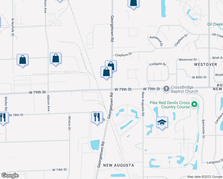 map of restaurants, bars, coffee shops, grocery stores, and more near W 79th St & Georgetown Rd in Indianapolis