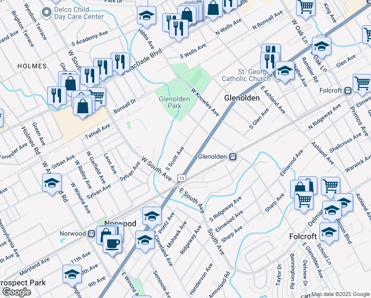 map of restaurants, bars, coffee shops, grocery stores, and more near 351 South Scott Avenue in Glenolden