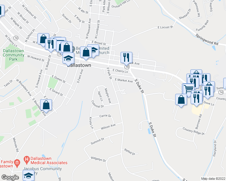 map of restaurants, bars, coffee shops, grocery stores, and more near 146 South Park Street in Dallastown