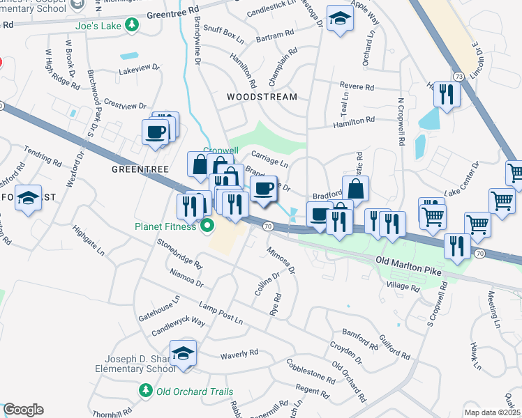 map of restaurants, bars, coffee shops, grocery stores, and more near 2110 Marlton Pike East in Cherry Hill Township