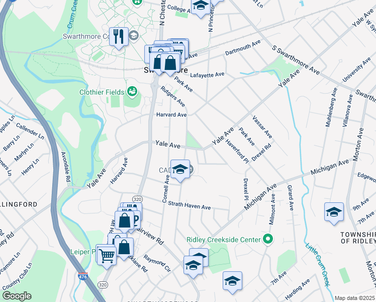 map of restaurants, bars, coffee shops, grocery stores, and more near 620 Yale Avenue in Swarthmore