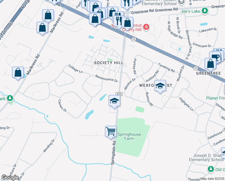 map of restaurants, bars, coffee shops, grocery stores, and more near 1740 Springdale Road in Cherry Hill
