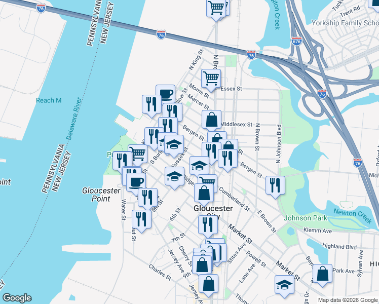 map of restaurants, bars, coffee shops, grocery stores, and more near 15 South Sussex Street in Gloucester City