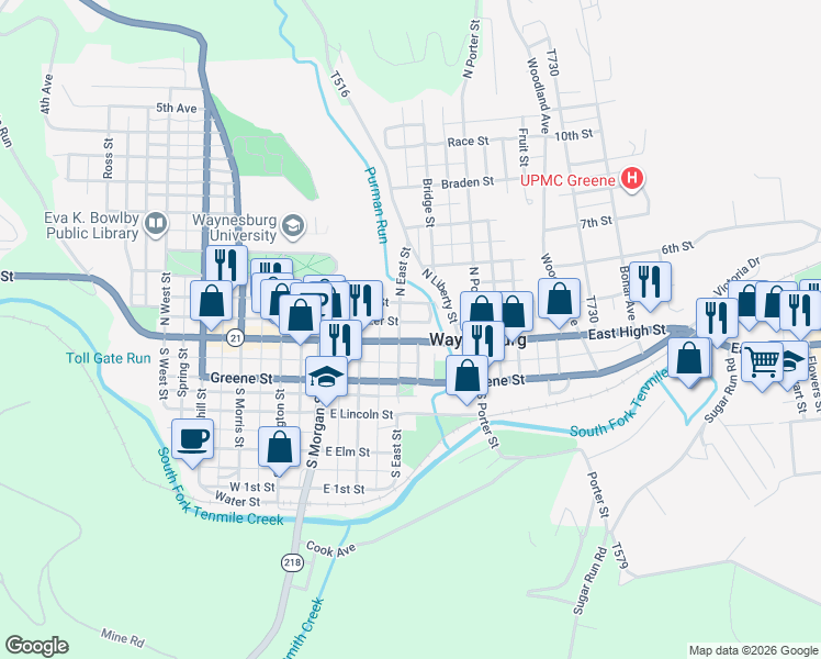 map of restaurants, bars, coffee shops, grocery stores, and more near 330 Nazer Street in Waynesburg