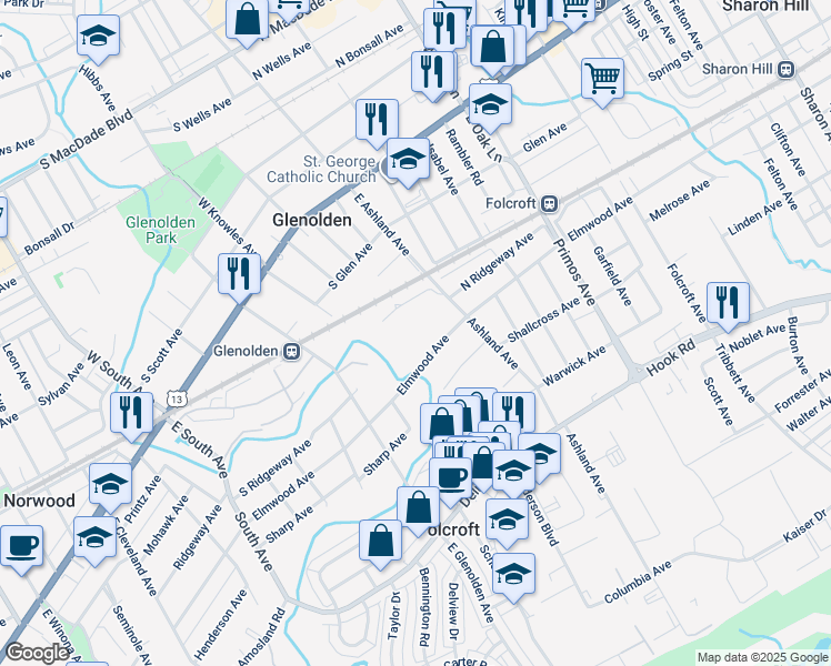 map of restaurants, bars, coffee shops, grocery stores, and more near 18 South Elmwood Avenue in Glenolden