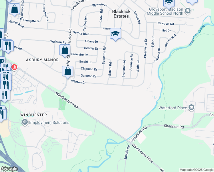 map of restaurants, bars, coffee shops, grocery stores, and more near 5197 Fullerton Drive in Columbus