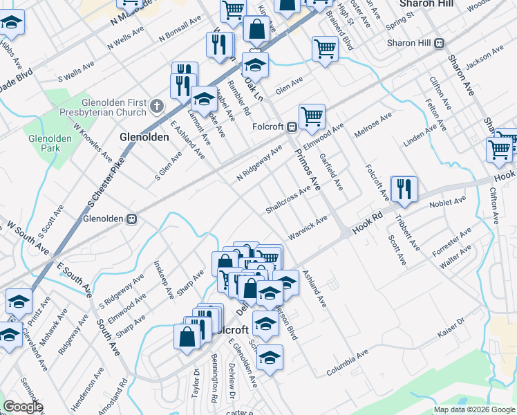 map of restaurants, bars, coffee shops, grocery stores, and more near 425 Ashland Avenue in Folcroft