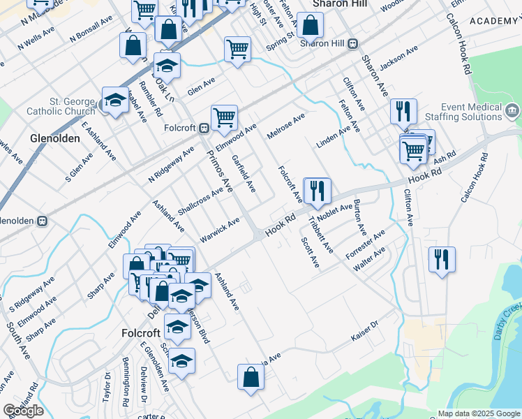 map of restaurants, bars, coffee shops, grocery stores, and more near 1555 Warwick Avenue in Folcroft