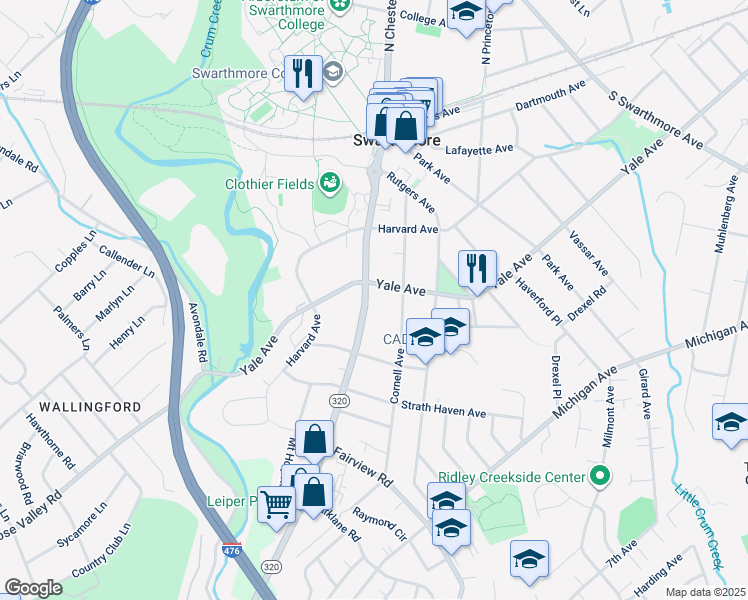 map of restaurants, bars, coffee shops, grocery stores, and more near 307 South Chester Road in Swarthmore