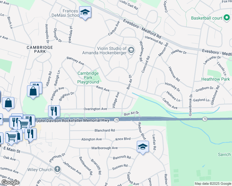 map of restaurants, bars, coffee shops, grocery stores, and more near 50 Kent Avenue in Evesham