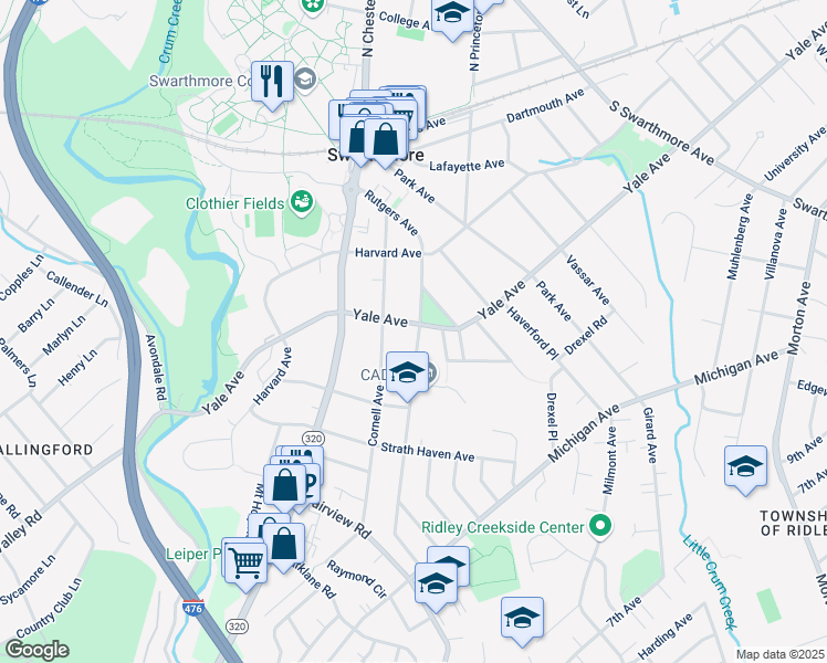map of restaurants, bars, coffee shops, grocery stores, and more near 620 Yale Avenue in Swarthmore
