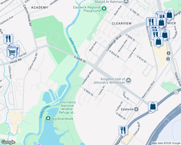 map of restaurants, bars, coffee shops, grocery stores, and more near 8475 Lindbergh Boulevard in Philadelphia