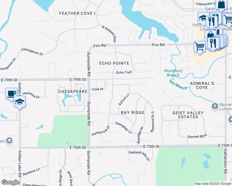 map of restaurants, bars, coffee shops, grocery stores, and more near 7828 Eyford Court in Indianapolis