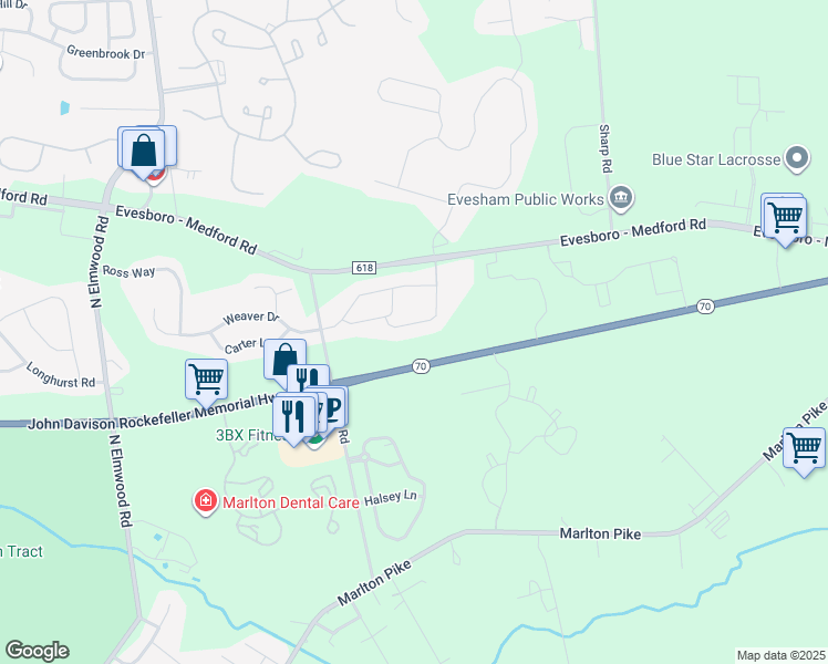 map of restaurants, bars, coffee shops, grocery stores, and more near 2003 Delancey Way in Evesham