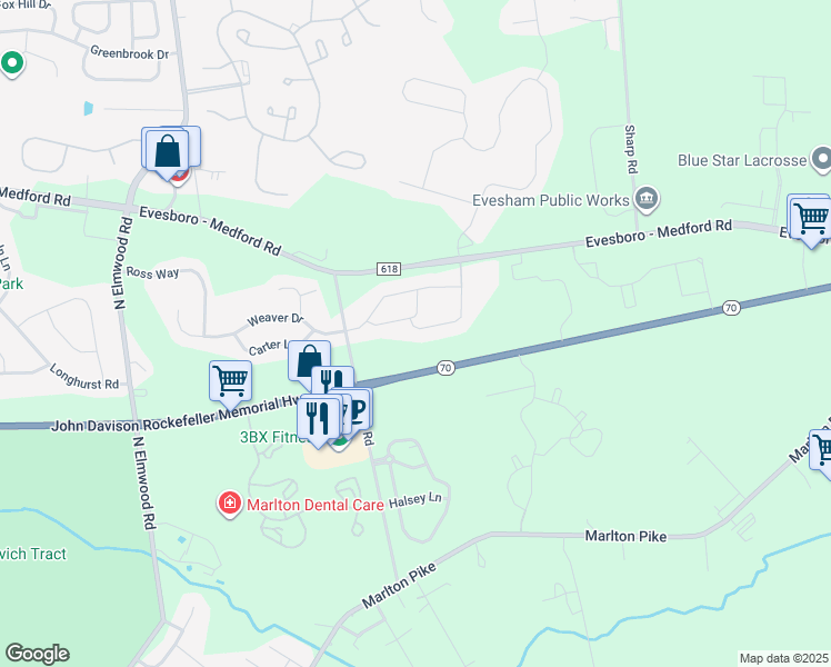 map of restaurants, bars, coffee shops, grocery stores, and more near 2603 Delancey Way in Evesham