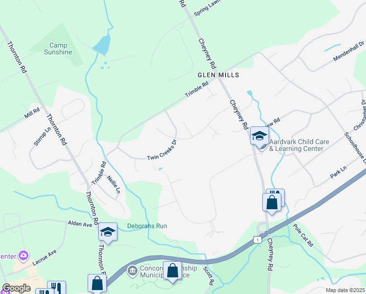 map of restaurants, bars, coffee shops, grocery stores, and more near 54 Patricia Lane in Glen Mills