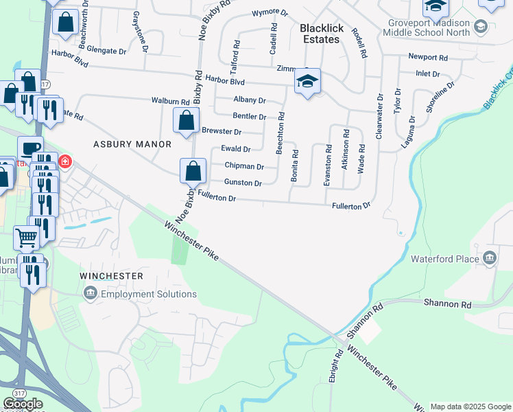 map of restaurants, bars, coffee shops, grocery stores, and more near 5091 Fullerton Drive in Columbus