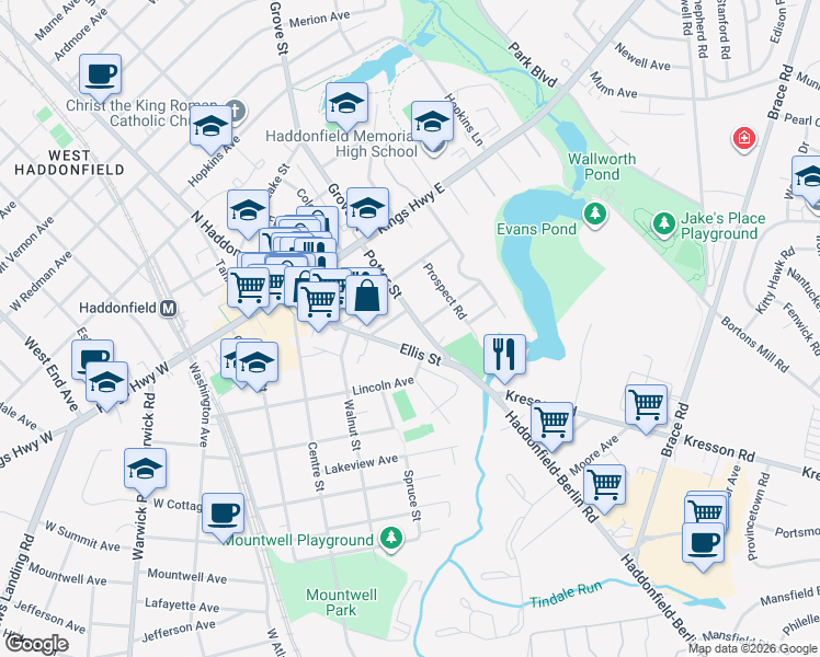 map of restaurants, bars, coffee shops, grocery stores, and more near 107 Potter Street in Haddonfield