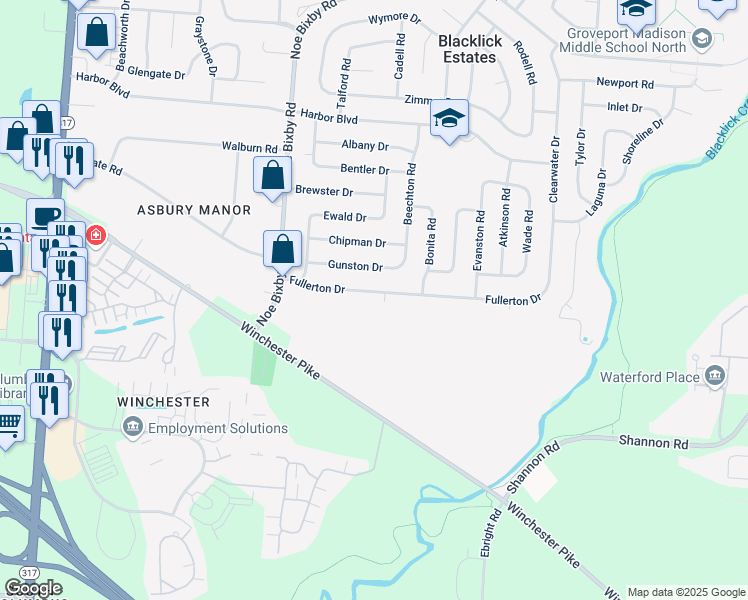 map of restaurants, bars, coffee shops, grocery stores, and more near 5091 Fullerton Drive in Columbus