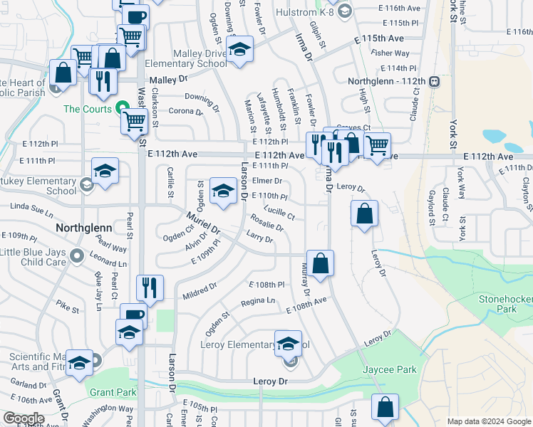 map of restaurants, bars, coffee shops, grocery stores, and more near 1334 Lucille Court in Northglenn