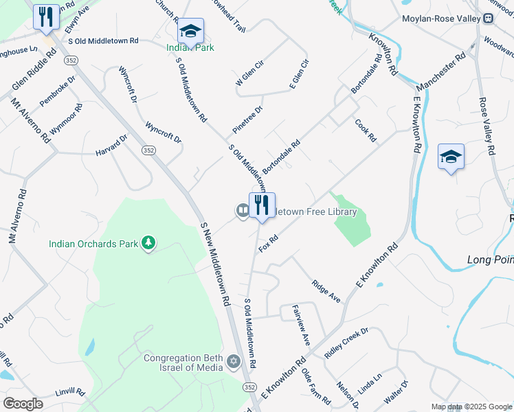 map of restaurants, bars, coffee shops, grocery stores, and more near 454 South Old Middletown Road in Media