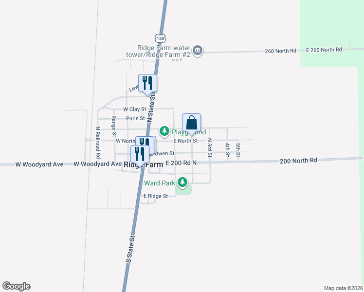 map of restaurants, bars, coffee shops, grocery stores, and more near 146-198 East North Street in Ridge Farm