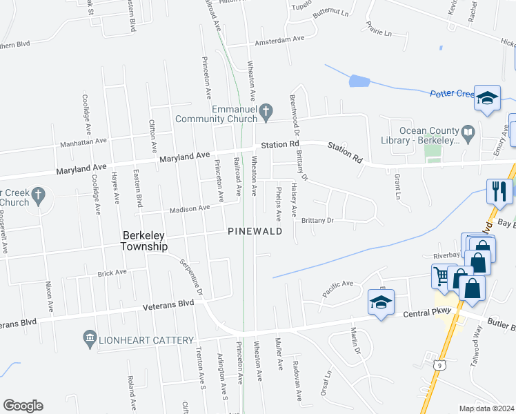 map of restaurants, bars, coffee shops, grocery stores, and more near 389 Wheaton Avenue in Berkeley Township
