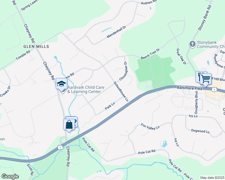 map of restaurants, bars, coffee shops, grocery stores, and more near 16 Hemlock Drive in Glen Mills
