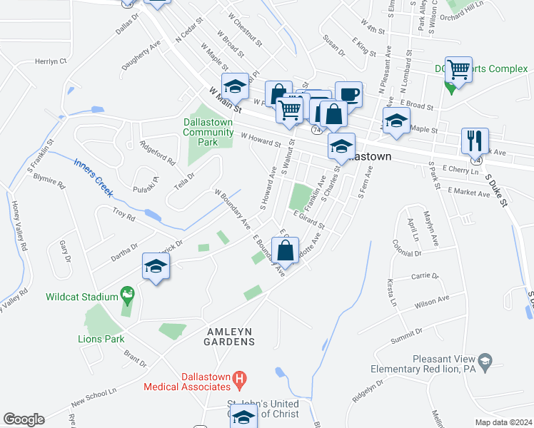 map of restaurants, bars, coffee shops, grocery stores, and more near 284 South Walnut Street in Dallastown
