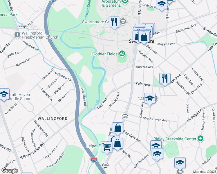 map of restaurants, bars, coffee shops, grocery stores, and more near 801 Yale Avenue in Swarthmore