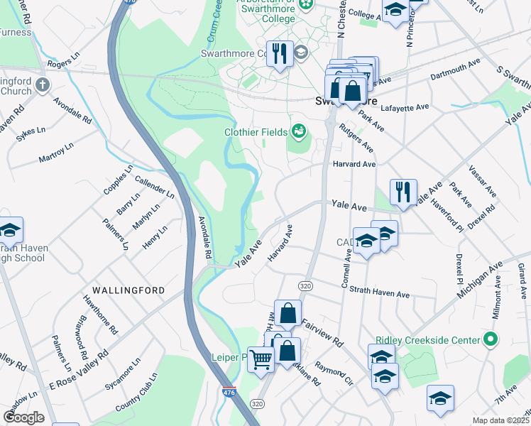 map of restaurants, bars, coffee shops, grocery stores, and more near 801 Yale Avenue in Swarthmore