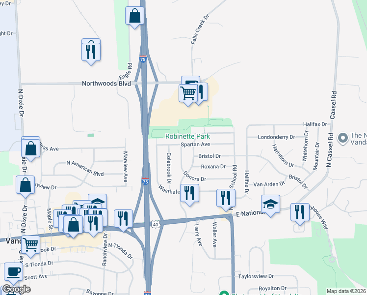 map of restaurants, bars, coffee shops, grocery stores, and more near 168 Donora Drive in Vandalia