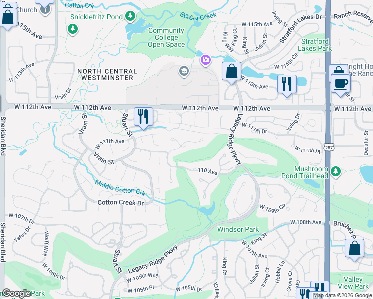 map of restaurants, bars, coffee shops, grocery stores, and more near 3880 West 111th Avenue in Westminster