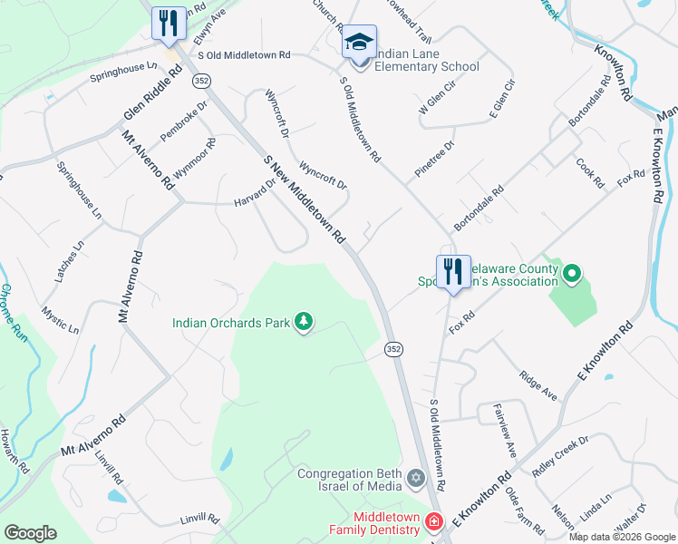 map of restaurants, bars, coffee shops, grocery stores, and more near 352 South New Middletown Road in Media