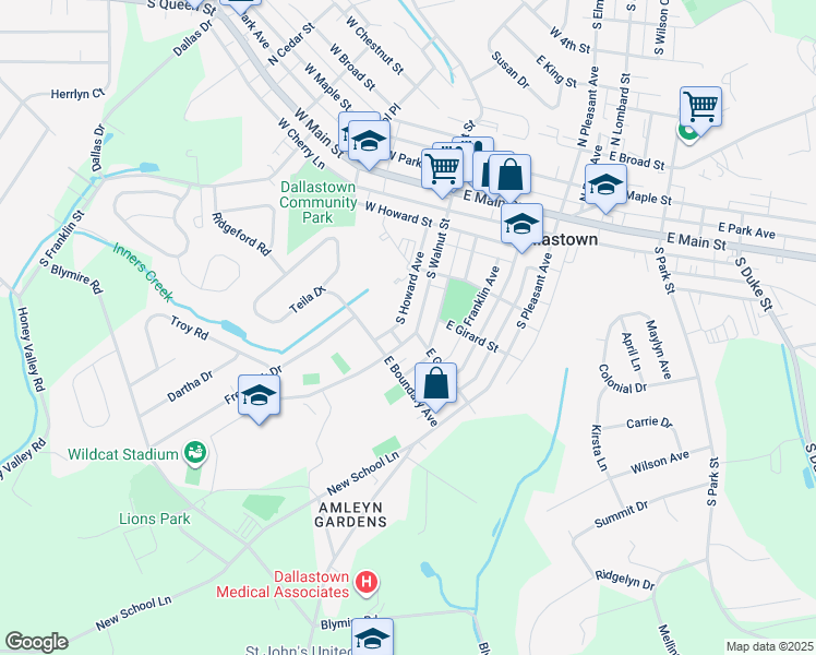 map of restaurants, bars, coffee shops, grocery stores, and more near 284 South Walnut Street in Dallastown