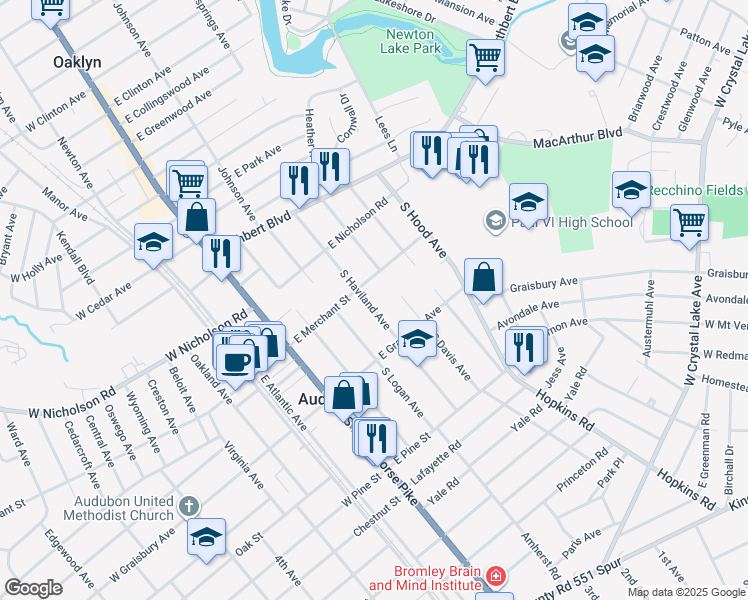 map of restaurants, bars, coffee shops, grocery stores, and more near 111 South Haviland Avenue in Audubon