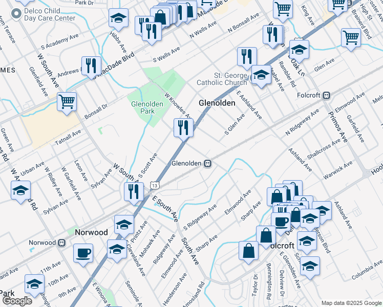 map of restaurants, bars, coffee shops, grocery stores, and more near 305 Chester Pike in Glenolden